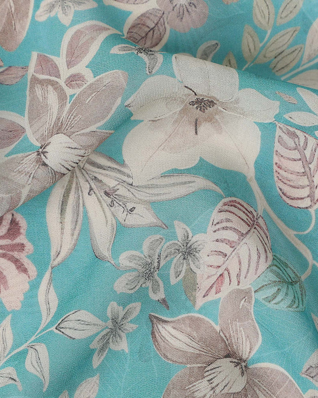 Teal Blue Floral Viscose Georgette Fabric