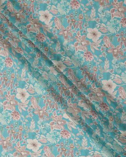Teal Blue Floral Viscose Georgette Fabric