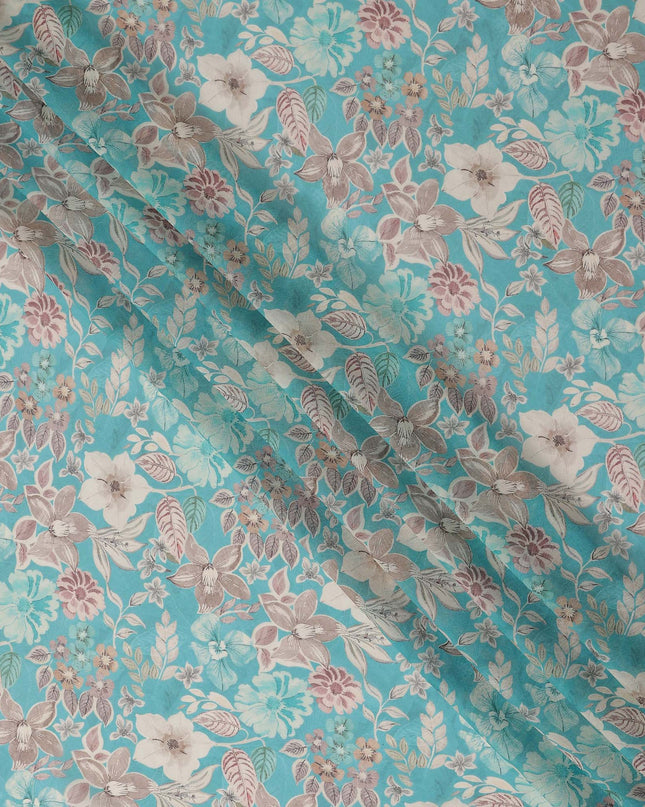 Teal Blue Floral Viscose Georgette Fabric
