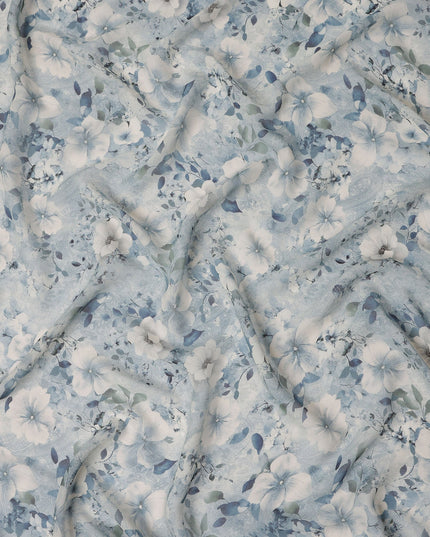 Dusty Blue Floral Viscose Georgette Fabric