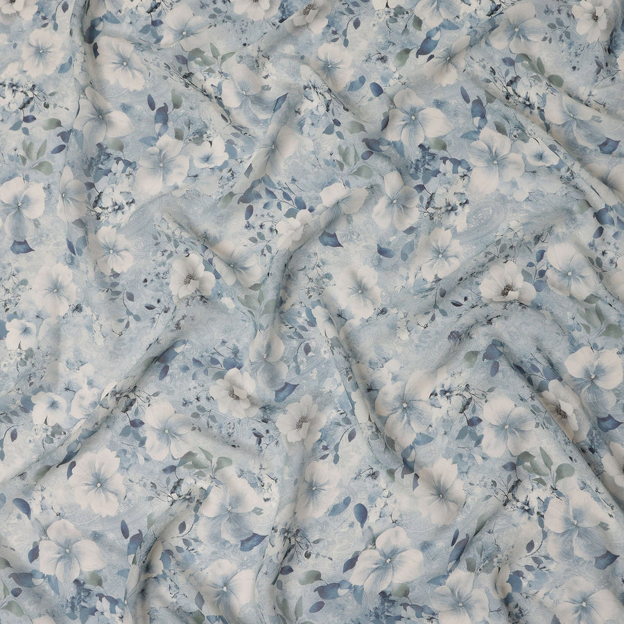 Dusty Blue Floral Viscose Georgette Fabric