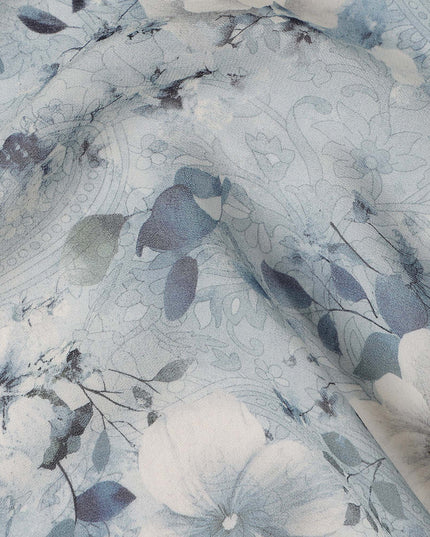 Dusty Blue Floral Viscose Georgette Fabric