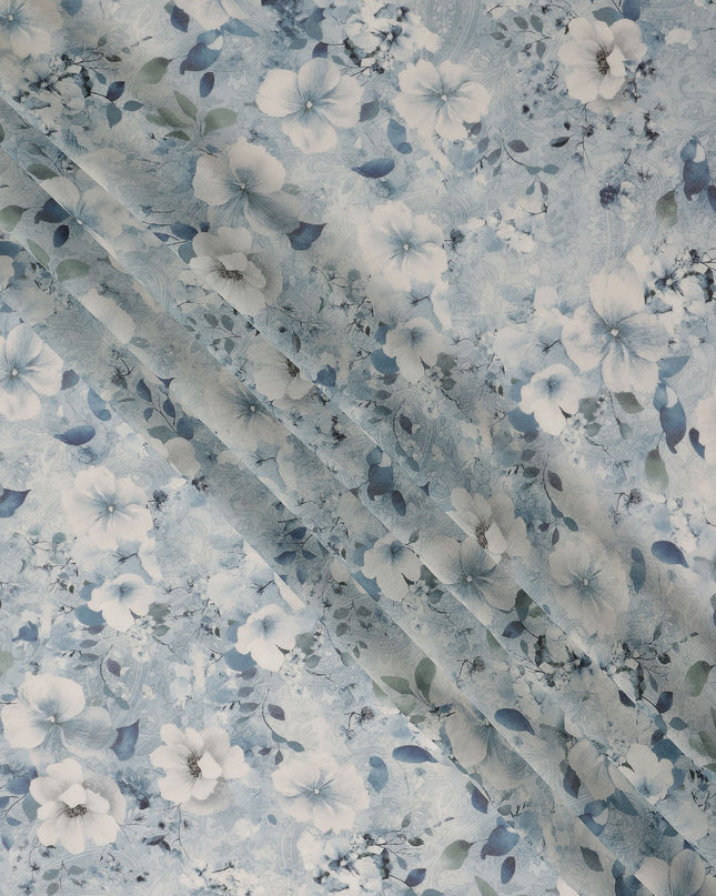 Dusty Blue Floral Viscose Georgette Fabric