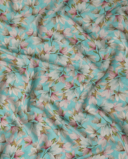 Turquoise Blue Viscose Digital Printed Fabric 110cm