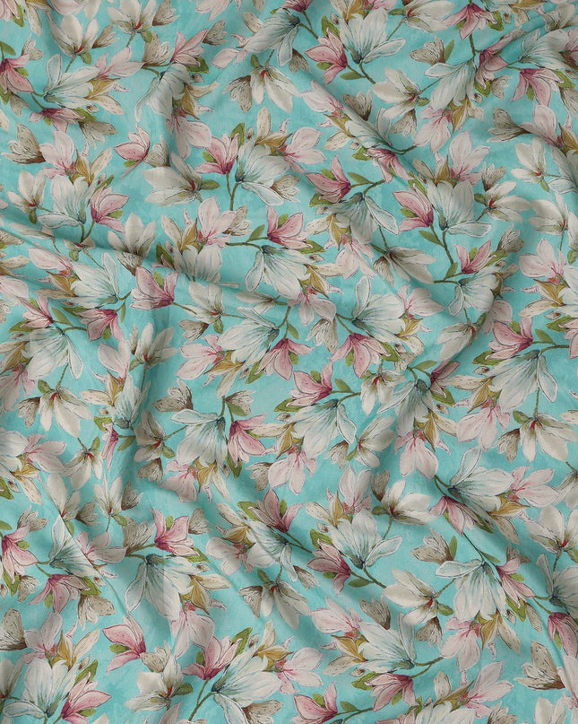 Turquoise Blue Viscose Digital Printed Fabric 110cm