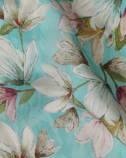 Turquoise Blue Viscose Digital Printed Fabric 110cm