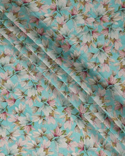 Turquoise Blue Viscose Digital Printed Fabric 110cm