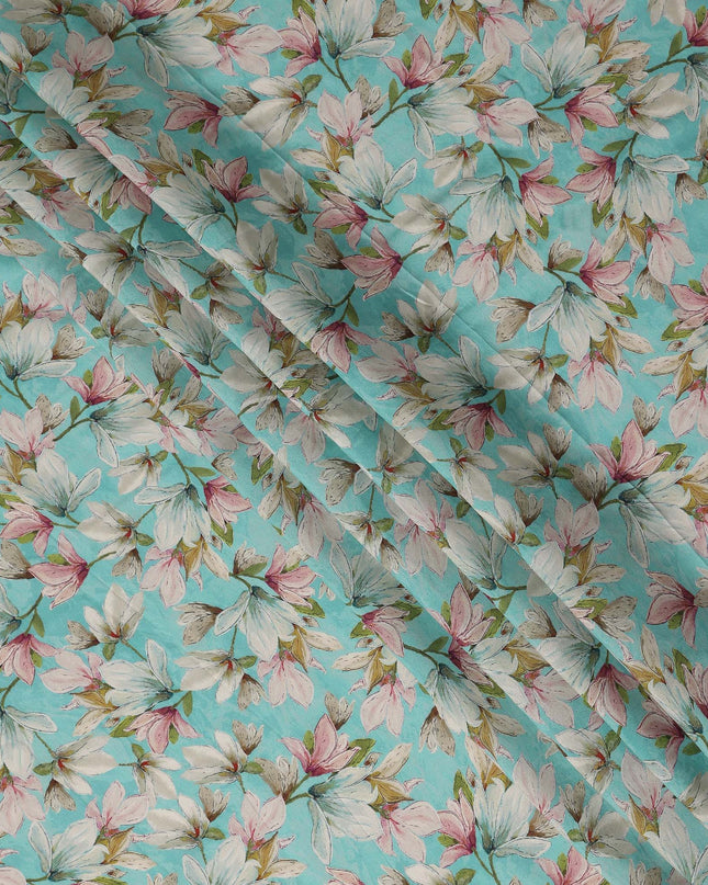 Turquoise Blue Viscose Digital Printed Fabric 110cm