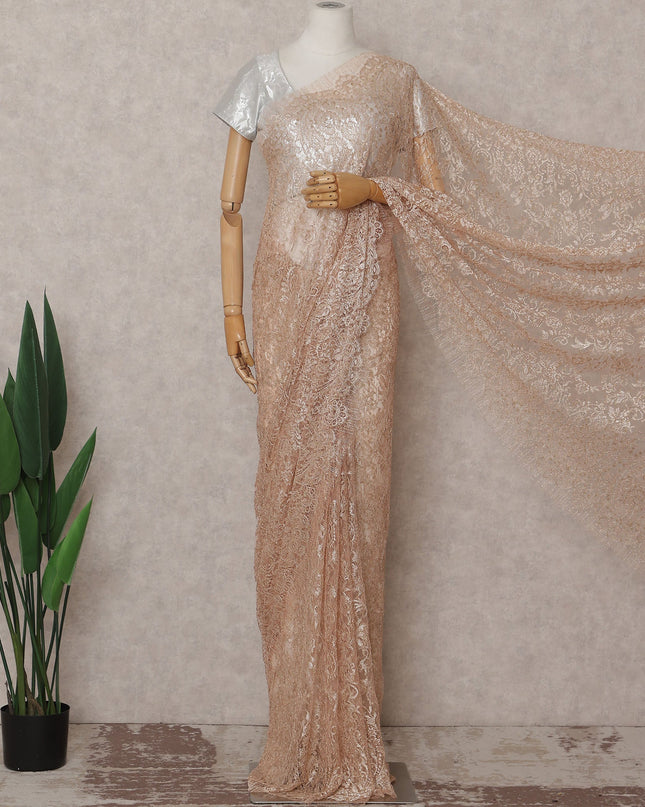 Peach Champagne Metallic French Chantilly Lace Saree