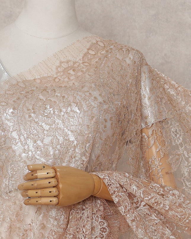 Peach Champagne Metallic French Chantilly Lace Saree