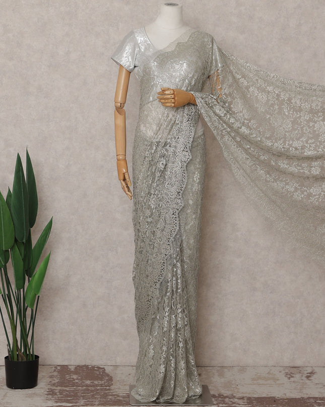 Platinum Silver Metallic French Chantilly Lace Saree