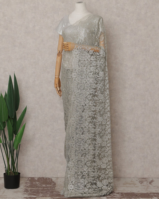 Platinum Silver Metallic French Chantilly Lace Saree