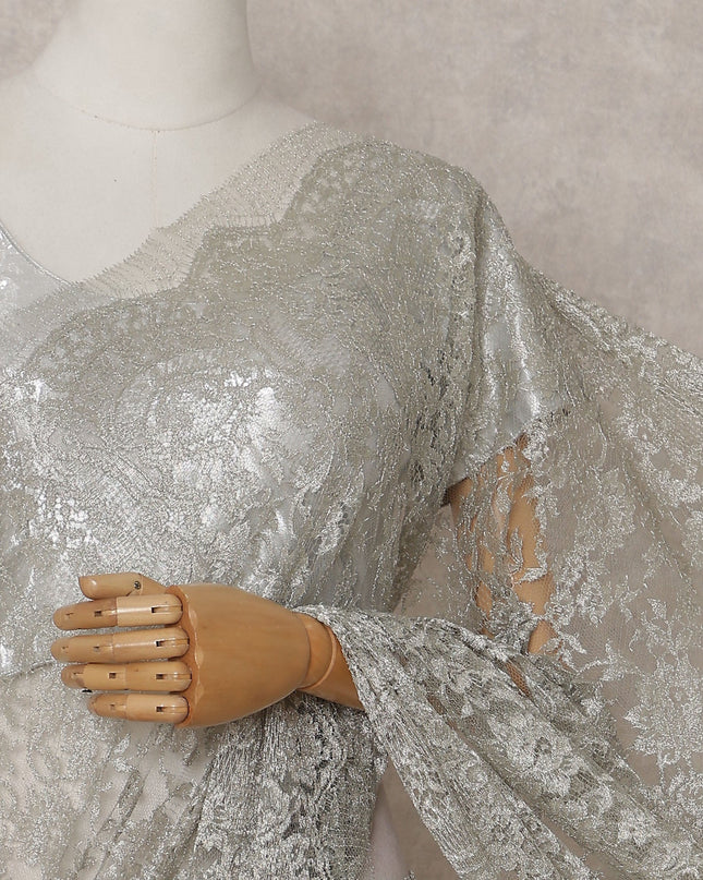 Platinum Silver Metallic French Chantilly Lace Saree