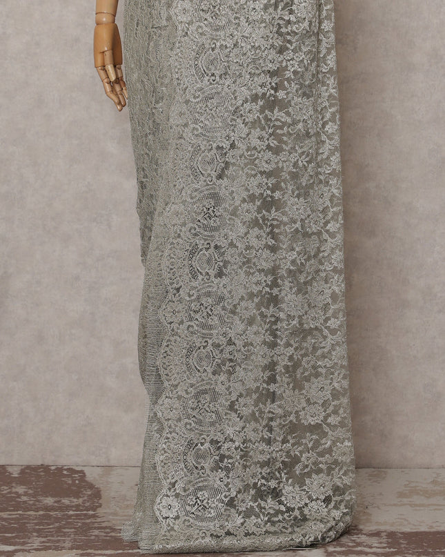 Platinum Silver Metallic French Chantilly Lace Saree
