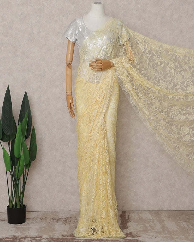 Pale Lemon Yellow Chantilly Lace Saree - D31642