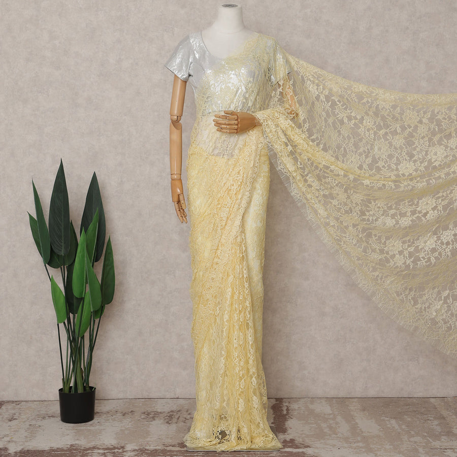 Pale Lemon Yellow Chantilly Lace Saree - D31642