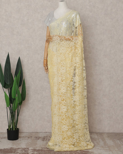 Pale Lemon Yellow Chantilly Lace Saree - D31642