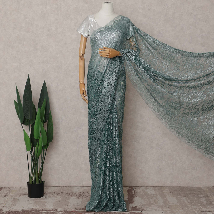 Dusty Teal Green Chantilly Lace Saree - D31613