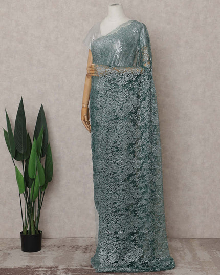 Dusty Teal Green Chantilly Lace Saree - D31613