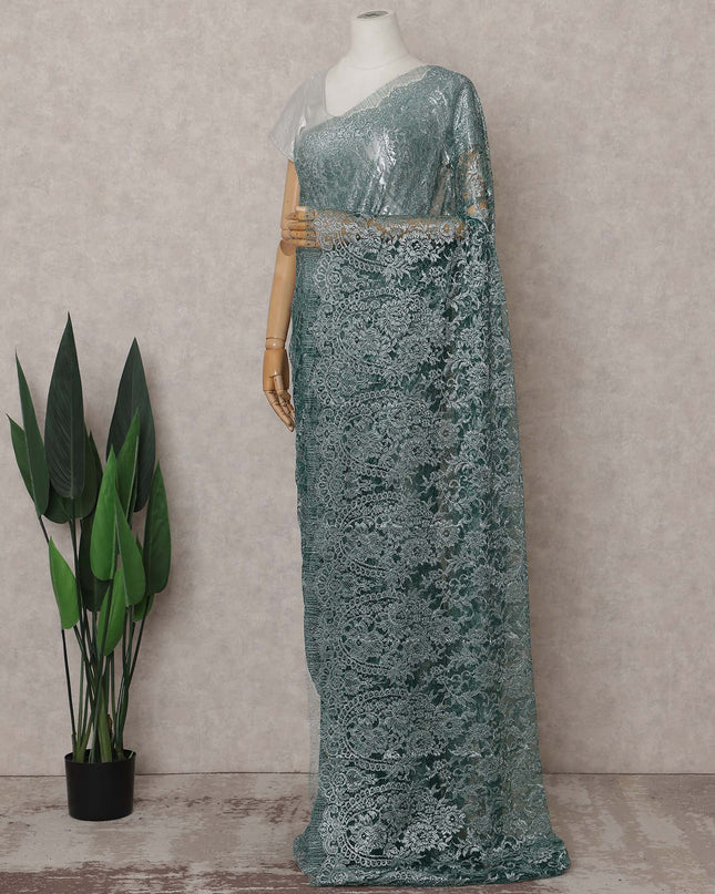 Dusty Teal Green Chantilly Lace Saree - D31613