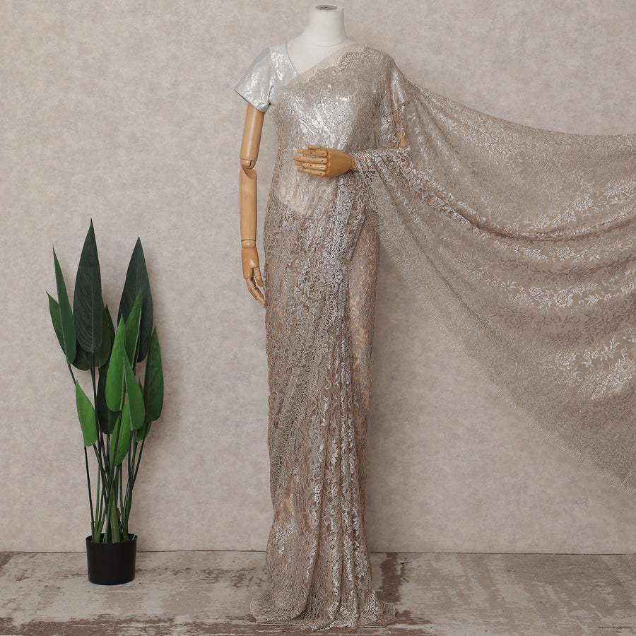 Champagne Silver Chantilly Lace Saree - D31612