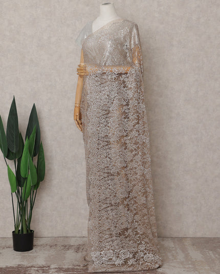 Champagne Silver Chantilly Lace Saree - D31612