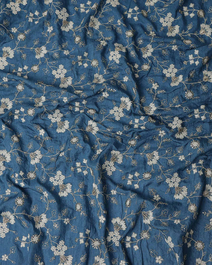 Denim Blue Synthetic Tussar Embroidery Fabric 110cm