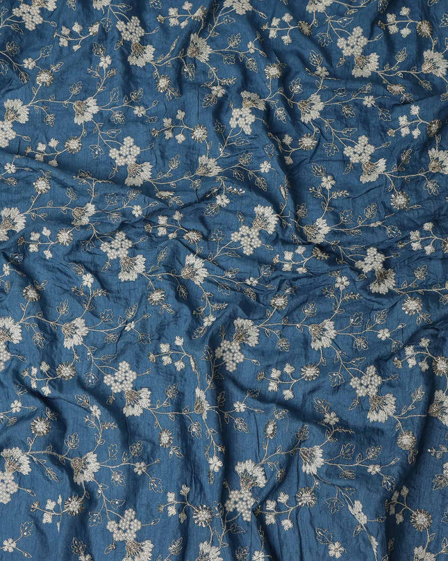 Denim Blue Synthetic Tussar Embroidery Fabric 110cm