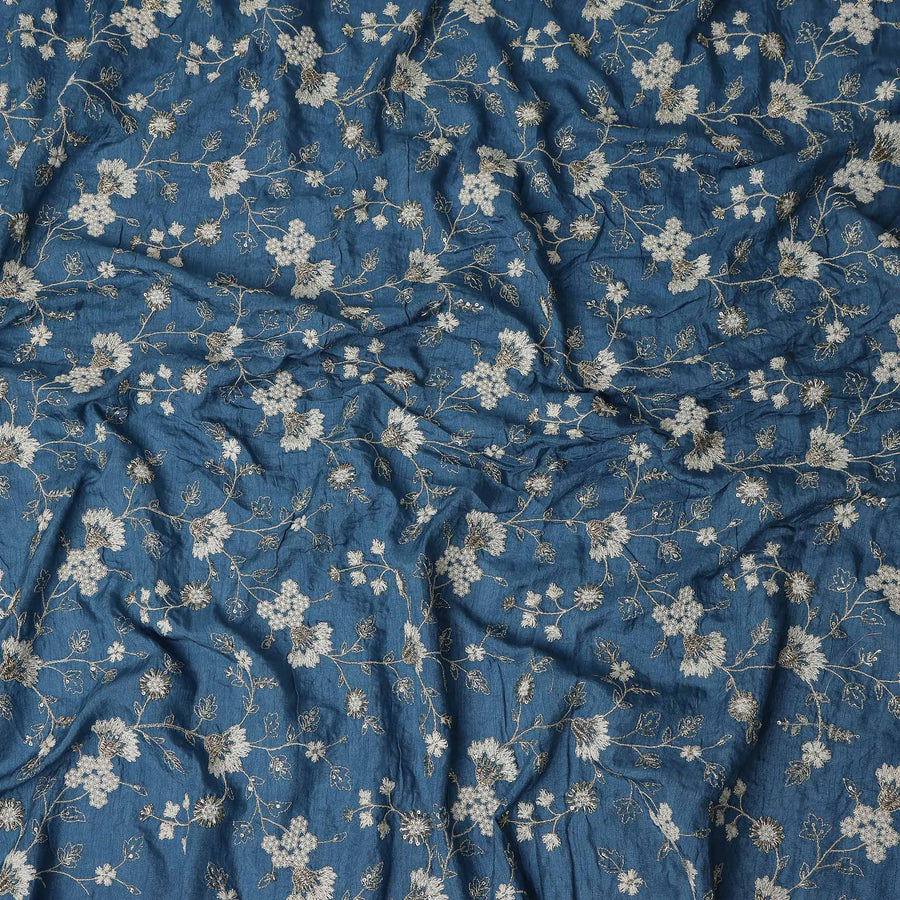 Denim Blue Synthetic Tussar Embroidery Fabric 110cm