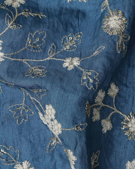 Denim Blue Synthetic Tussar Embroidery Fabric 110cm