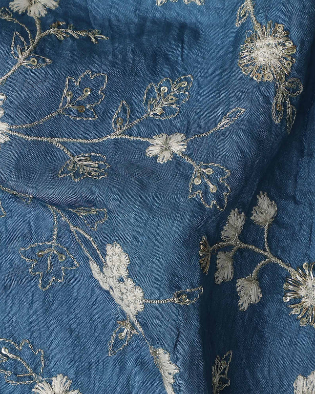 Denim Blue Synthetic Tussar Embroidery Fabric 110cm