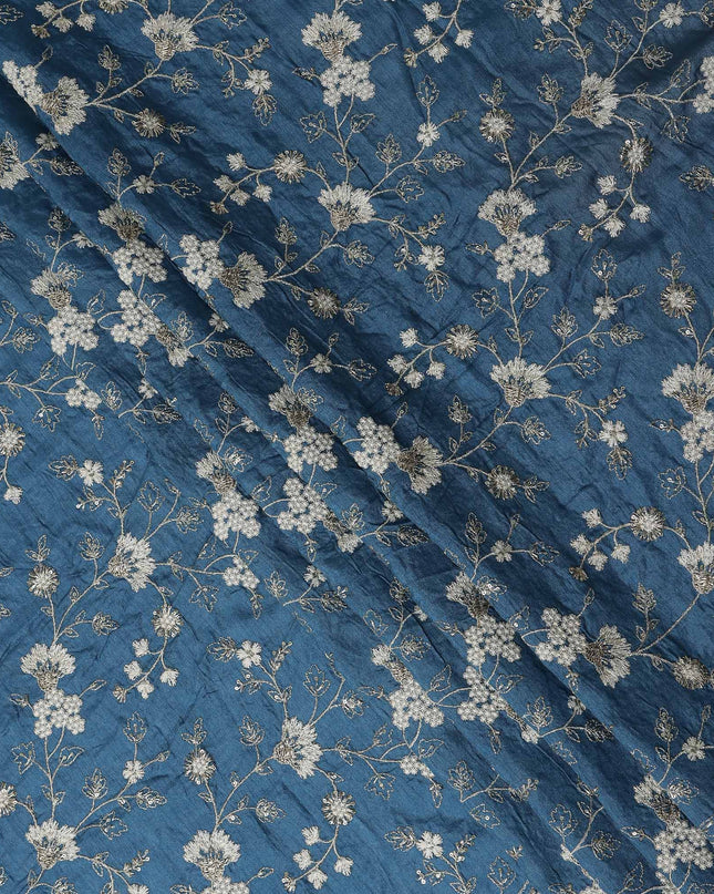 Denim Blue Synthetic Tussar Embroidery Fabric 110cm