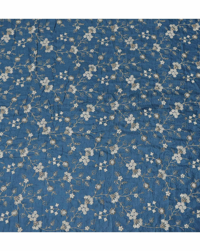 Denim Blue Synthetic Tussar Embroidery Fabric 110cm