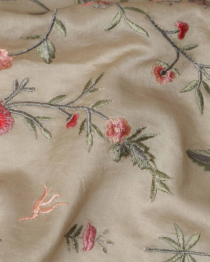 Khaki Beige Synthetic Tussar Embroidery Fabric 110cm