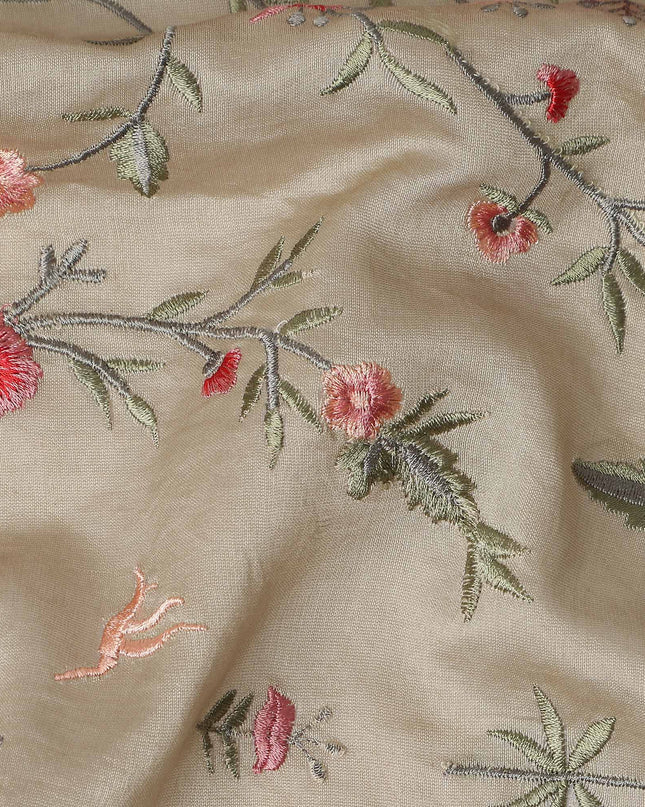 Khaki Beige Synthetic Tussar Embroidery Fabric 110cm