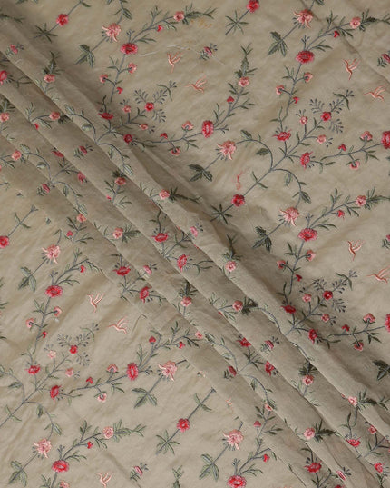 Khaki Beige Synthetic Tussar Embroidery Fabric 110cm