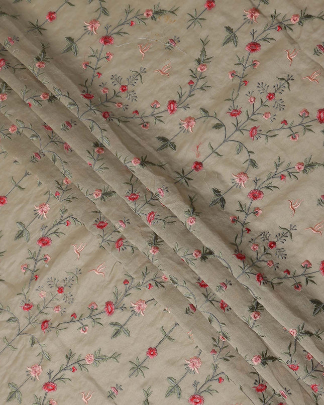 Khaki Beige Synthetic Tussar Embroidery Fabric 110cm