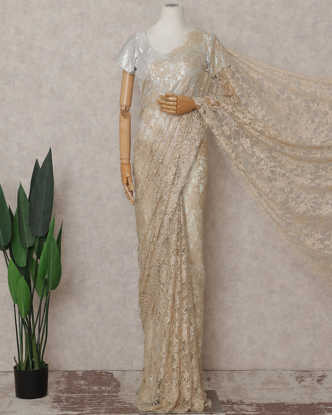 Champagne Gold Floral French Chantilly Lace Saree