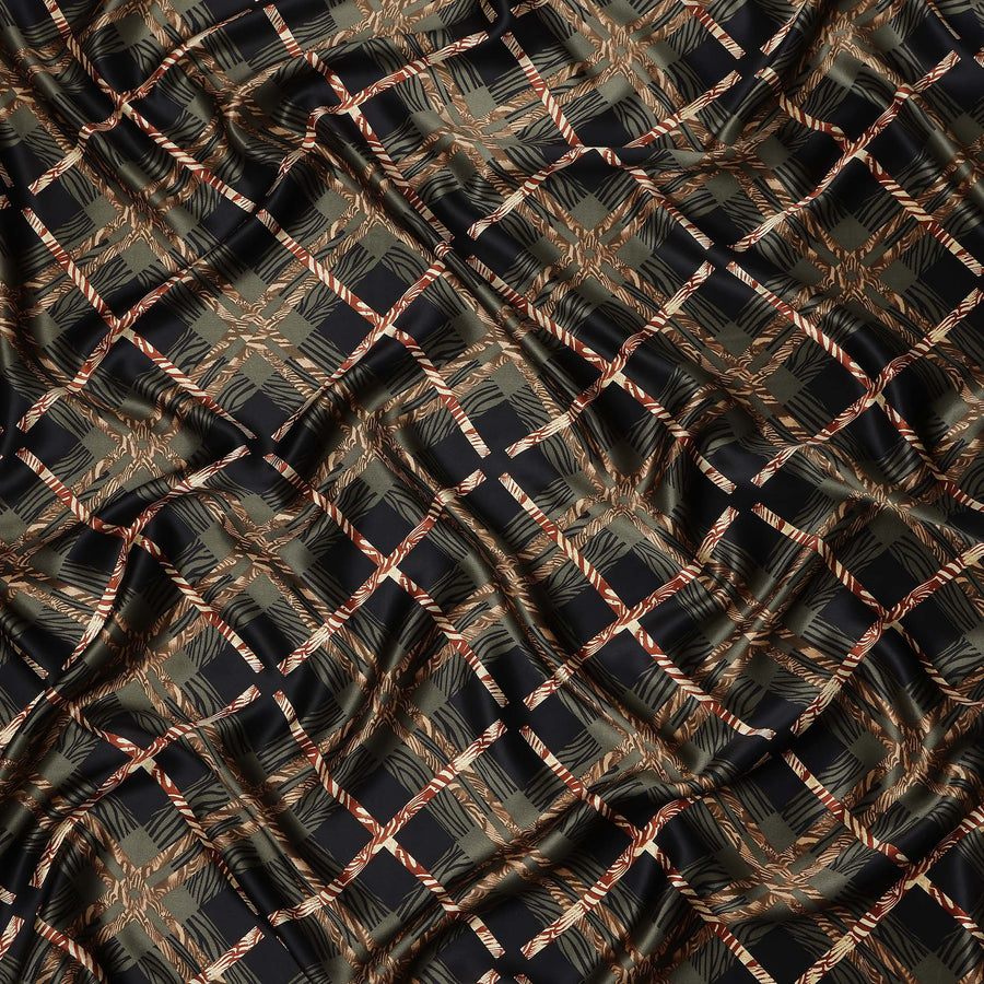 Black Olive Checks Silk Satin Fabric 110cm