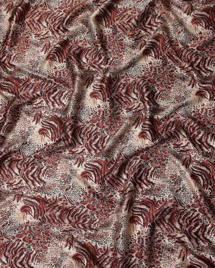 Beige Burgundy Animal Print Silk Satin Fabric 140cm
