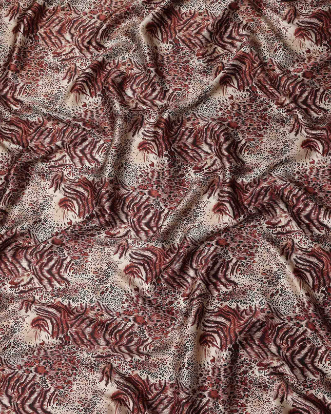 Beige Burgundy Animal Print Silk Satin Fabric 140cm