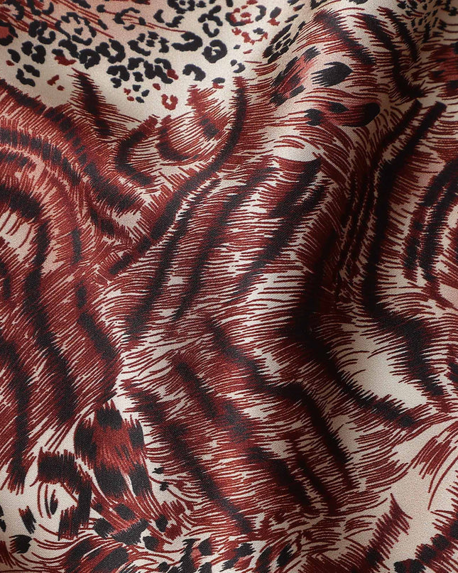 Beige Burgundy Animal Print Silk Satin Fabric 140cm