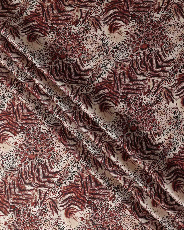 Beige Burgundy Animal Print Silk Satin Fabric 140cm
