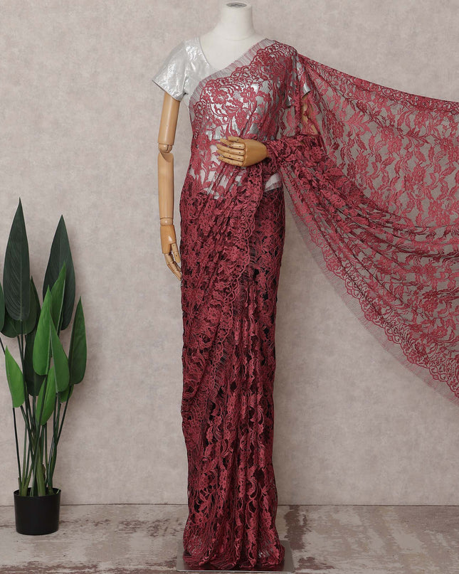Maroon Wine Red Chantilly Lace Saree - D31650