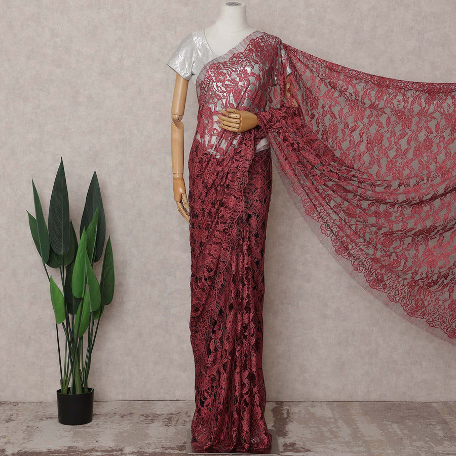 Maroon Wine Red Chantilly Lace Saree - D31650