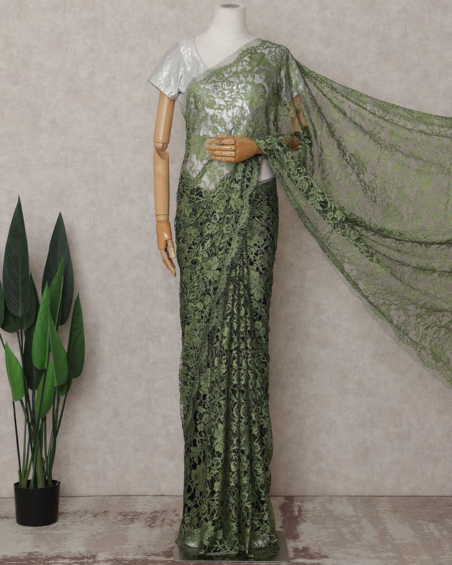 Sage Olive Green Chantilly Lace Saree - D31644