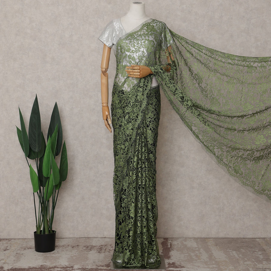 Sage Olive Green Chantilly Lace Saree - D31644