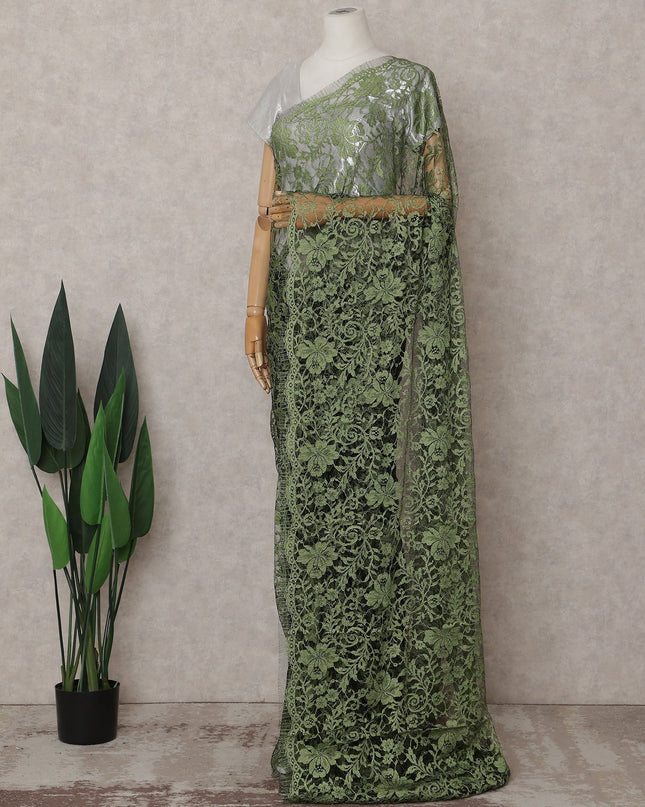Sage Olive Green Chantilly Lace Saree - D31644