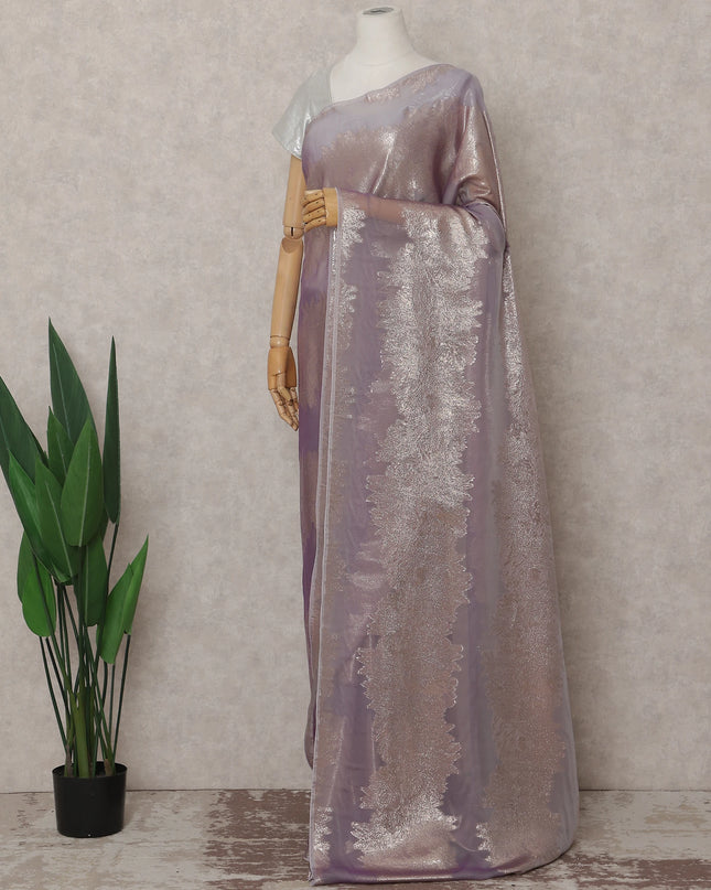 Lavender Mauve Shaded Leaf Motif Premium Pure French Silk Chiffon Saree with Metallic Lurex 5.5 Meters Length 110cm Width French Origin - D32516 Regal Fabrics