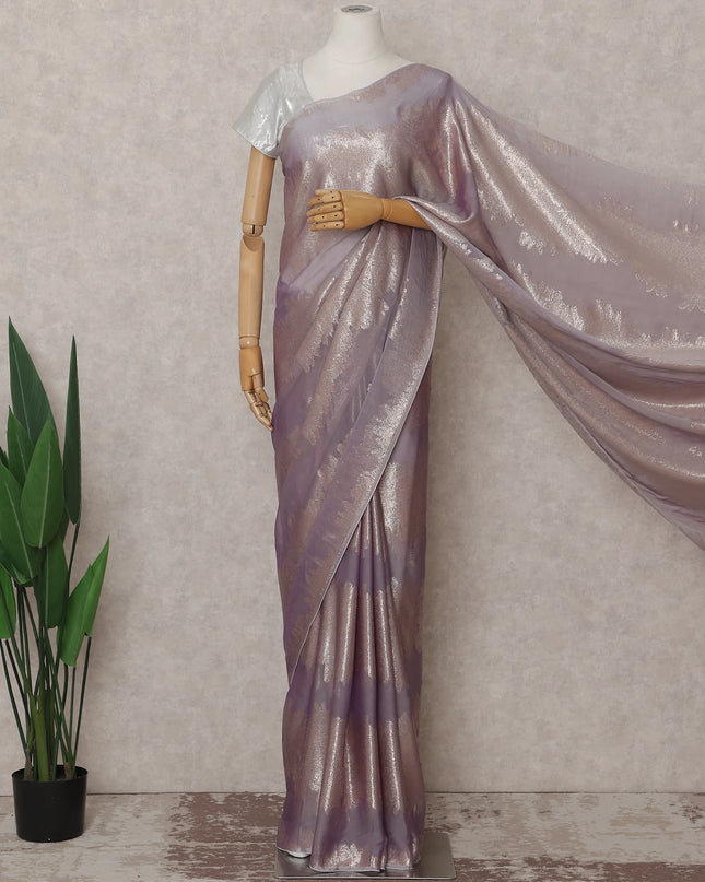 Lavender Mauve Shaded Leaf Motif Premium Pure French Silk Chiffon Saree with Metallic Lurex 5.5 Meters Length 110cm Width French Origin - D32516 Regal Fabrics
